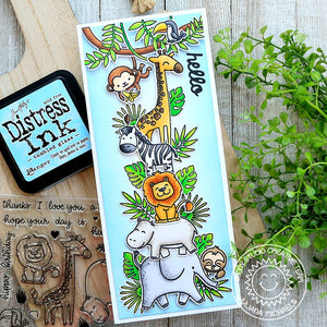 Sunny Studio Stacked Zebra, Lion, Elephant, Monkey, Giraffe & Hippo Animals Slimline Card using Savanna Safari Clear Stamps
