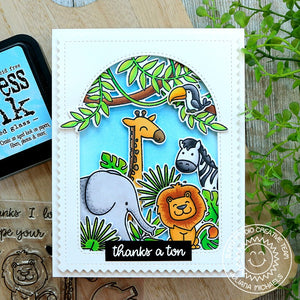Sunny Studio Stamps Elephant, Giraffe, Zebra & Lion Thanks A Ton Arched Window Card using Stitched Arch Metal Cutting Dies