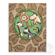 Sunny Studio Zoo Animals Greeting Card with Jungle Leaf Background & Loopy Circle Frame using Radiant Plumeria Clear Stamps
