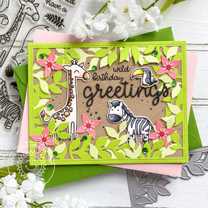 Sunny Studio Stamps Giraffe, Zebra & Toucan Bird Wild Birthday Card using Botanical Backdrop Leafy Frame Metal Cutting Dies