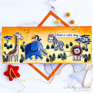 Sunny Studio Have A Wild Day Giraffe, Elephant, Zebra & Lion Slimline Card by Nicky Meek using Savanna Safari 4x6 Clear Stamp