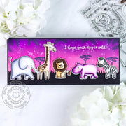 Sunny Studio Pink Hope Your Day Is Wild Elephant, Giraffe, Lion, Hippo & Zebra Slimline Card using Savanna Safari Clear Stamp