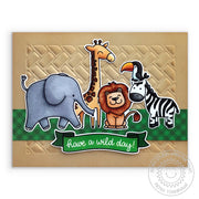 Sunny Studio Stamps Have A Wild Day Safari Animals Kraft Embossed Card using Frilly Frames Herringbone Metal Cutting Dies