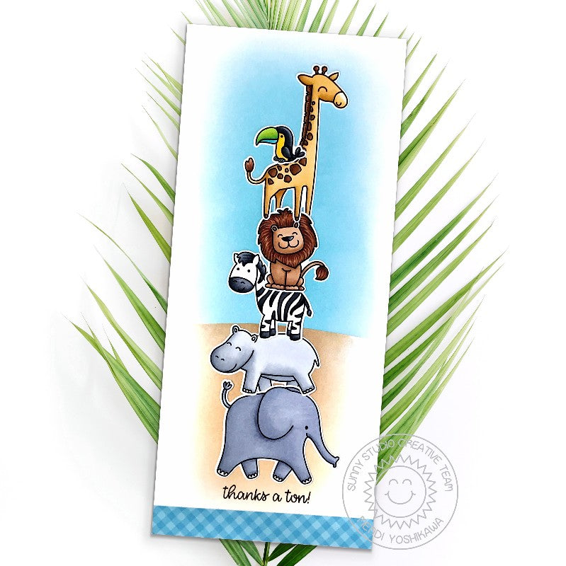 Sunny Studio Thanks A Ton Stacked Zoo Animals Giraffe, Lion, Zebra & Elephant Slimline Card using Savanna Safari Clear Stamps