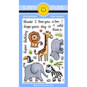 Sunny Studio Savanna Safari Critters 4x6 Clear Photopolymer Stamps with Lion, Giraffe, Zebra, Hippo, Toucan & Elephant