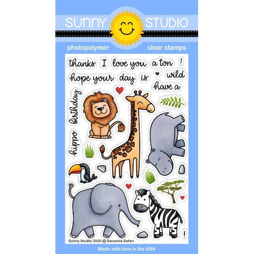 Sunny Studio Stamps Savanna Safari African Animal Critters 4x6 Clear Photopolymer Stamp Set with Lion, Giraffe, Zebra, Hippo, Toucan & Elephant
