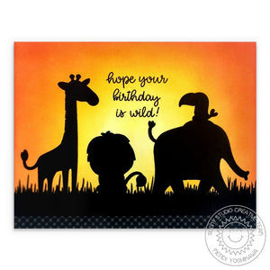 Sunny Studio Giraffe, Lion, Elephant Animals Silhouette with Sunset Wild Birthday Card using Savanna Safari 4x6 Clear Stamps