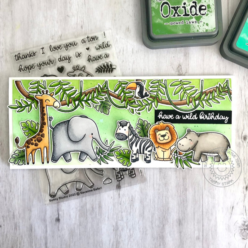 Sunny Studio Zoo Summer Themed Slimline Card with hanging jungle vines & leaves border using Tropical Scenes 4x6 Clear Stamps