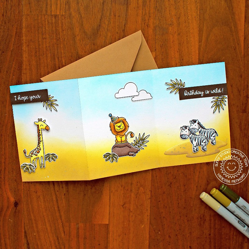 Sunny Studio Giraffe, Lion & Zebra Tri-fold Handmade Birthday Greeting Card using Savanna Safari 4x6 Clear Photopolymer Stamp