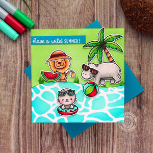 Sunny Studio Lion, Hippo & Seal Pool Themed Summer Square Card using Savanna Safari Animal 4x6 Clear Photopolymer Stamps