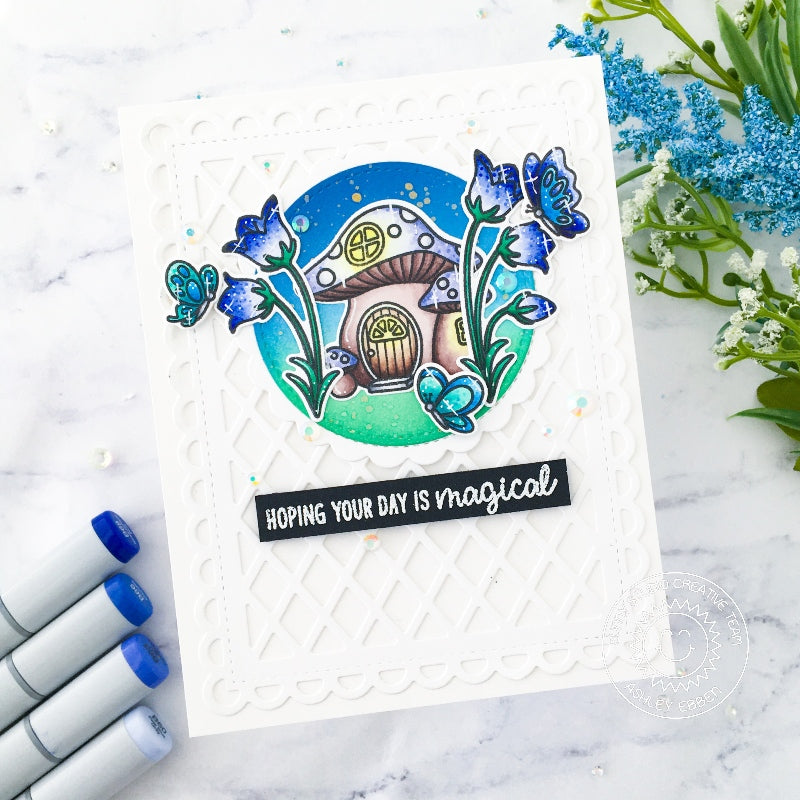 Sunny Studio Stamps Magical Day Toadstool House with Blue Belle Flowers & Butterflies Card using Scalloped Circle Mat 1 Dies