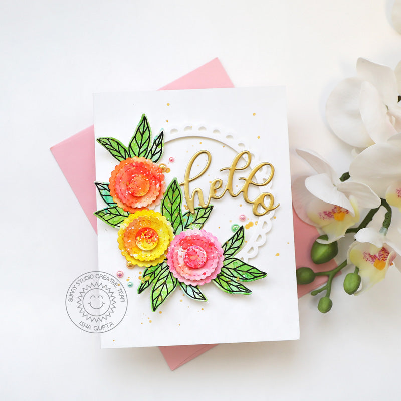 Sunny Studio Stamps Hello Watercolor Floral Flowers Card (using Scalloped Circle Mat 3 Metal Cutting Dies)