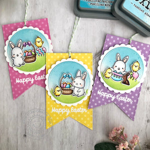 Sunny Studio Stamps Happy Easter Bunny, Chick, Eggs & Baskets Handmade Gift Tags using Scalloped Circle Mat 1 Cutting Dies