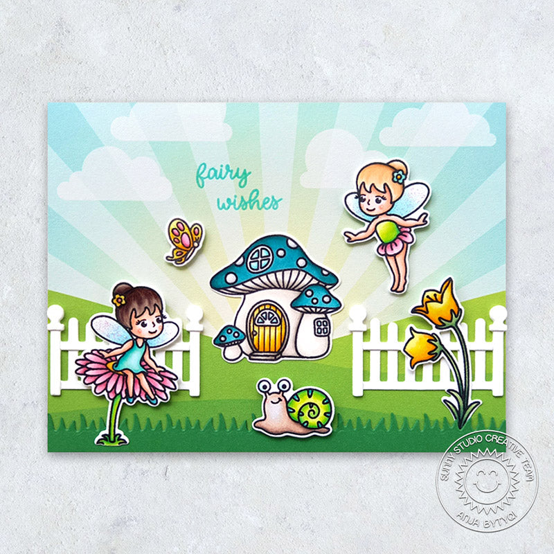 Sunny Studio Stamps Fairy Wishes Fairies with Mushroom House and Butterfly Card (using Scalloped Fence Metal Cutting Dies)