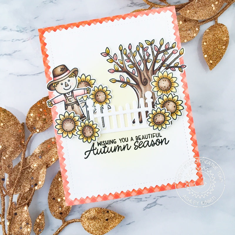 Sunny Studio Stamps Wishing You A Beautiful Autumn Fall Scarecrow with Tree & Sunflowers Card (using Scalloped Fence Die)