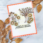 Sunny Studio Wishing You A Beautiful Autumn Fall Scarecrow with Tree & Sunflowers Card (using Farm Fresh Clear Stamps)