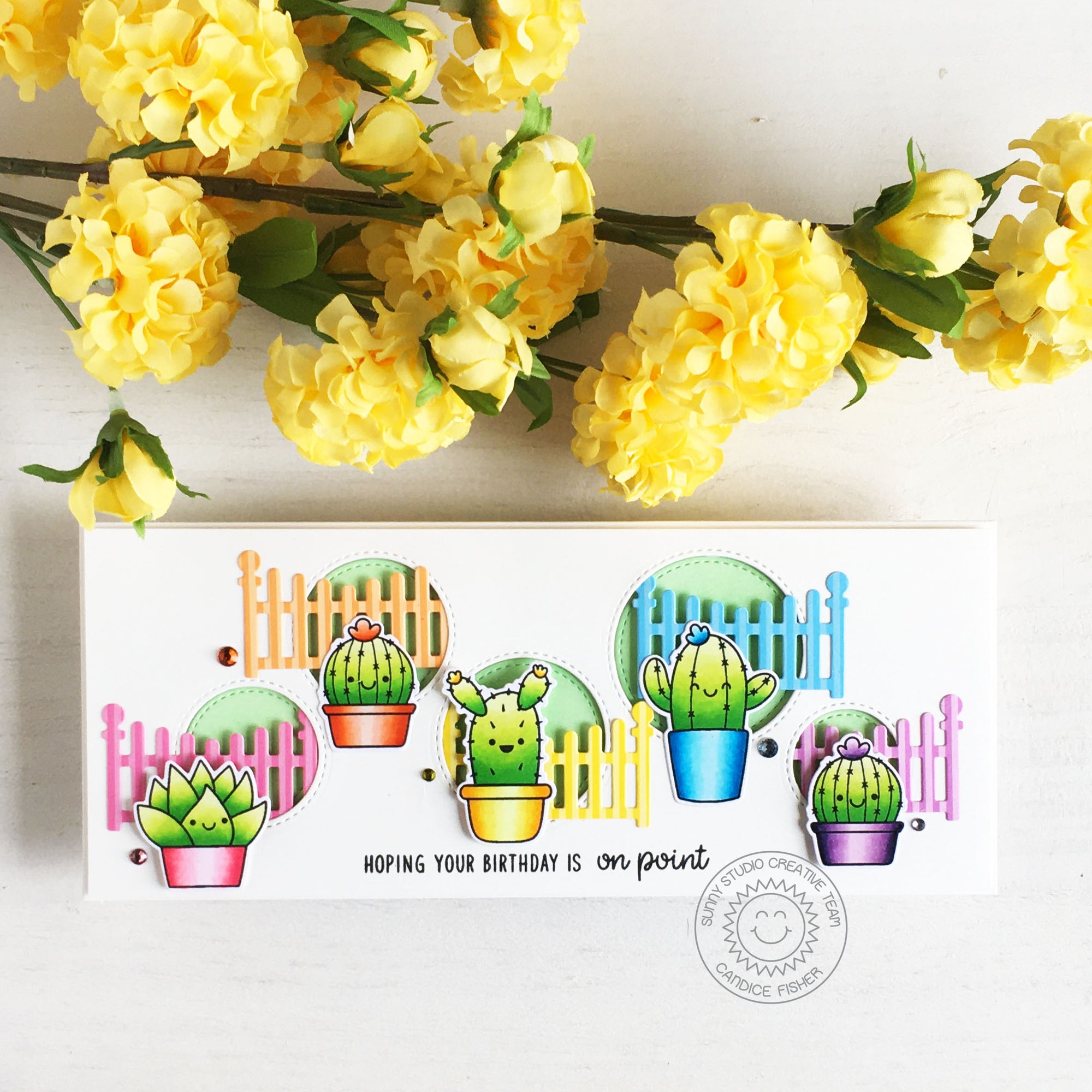 Sunny Studio Hoping Your Birthday Is On Point Cactus Rainbow Slimline Card (using Looking Sharp Clear Stamps)