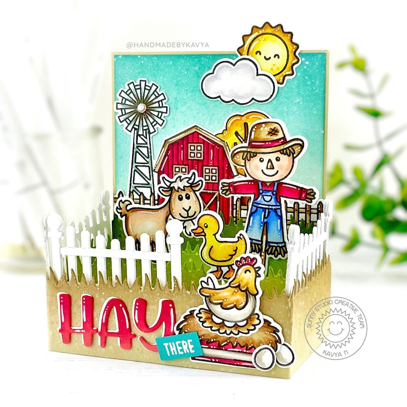 Sunny Studio Stamps Punny Scarecrow with Barn, Goat, Duck & Chicken Pop-up Farm Card using Scalloped Fence Metal Cutting Die