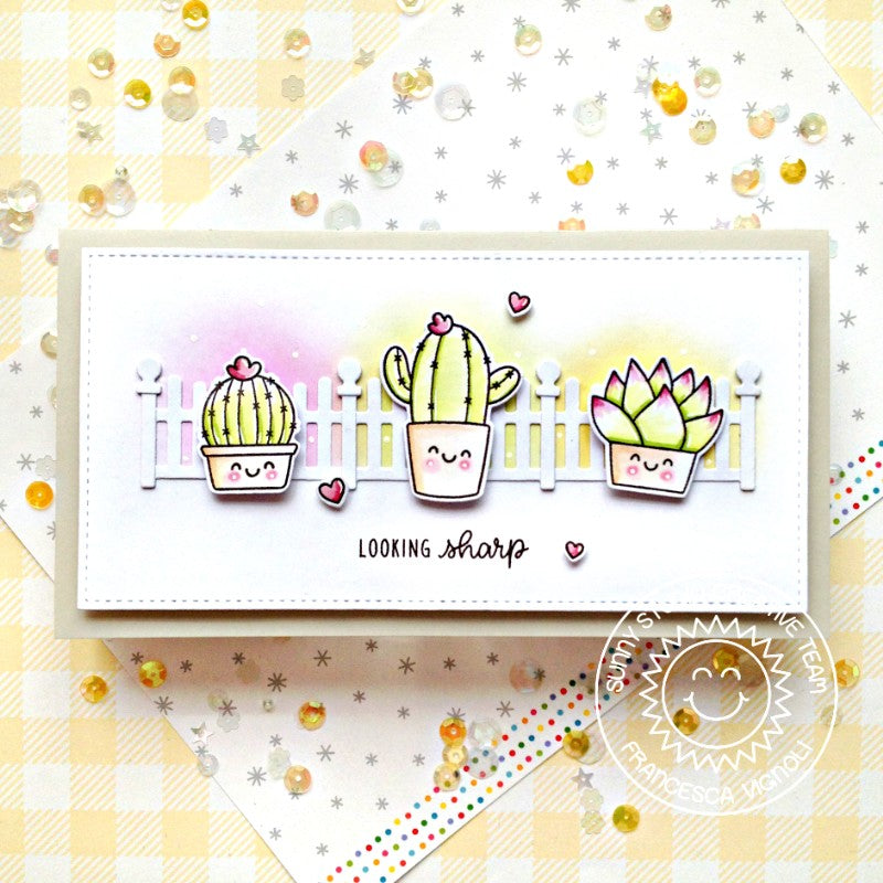 Sunny Studio Stamps Looking Sharp Cactus & Succulent Plant Slimline Card (using Scalloped Fence Metal Cutting Dies)