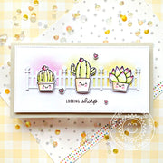 Sunny Studio Looking Sharp Cactus & Succulent Plant with Scalloped Fence Slimline Card (using Looking Sharp Clear Stamps)