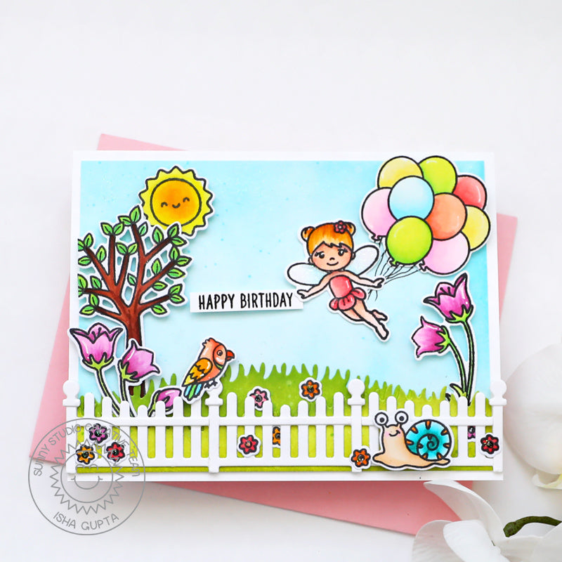 Sunny Studio Stamps Fairy Floating with Balloons Birthday Card (using Scalloped Fence Metal Cutting Die)