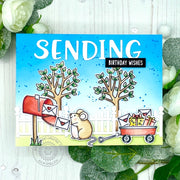 Sunny Studio Mouse with Wagon full of Gifts and Letters Going to the Mailbox Birthday Card using Seasonal Trees Clear Stamps