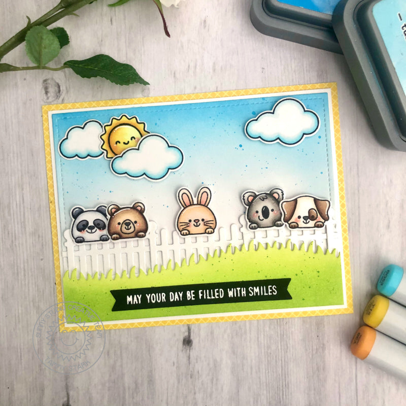 Sunny Studio Stamps May Your Day Be Filled With Smiles Critters peeking of the Fence Everyday Card (using Scalloped Fence Dies)