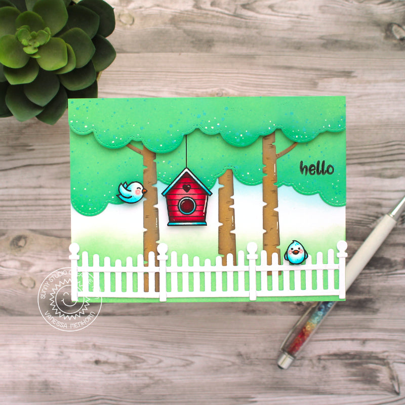Sunny Studio Stamps Birdhouse Hanging From Trees Hello Card (using Scalloped Fence Metal Cutting Dies)