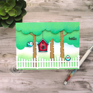 Sunny Studio Stamps Birdhouse Hanging From Trees Hello Card (using Fluffy Clouds Border Metal Cutting Dies)
