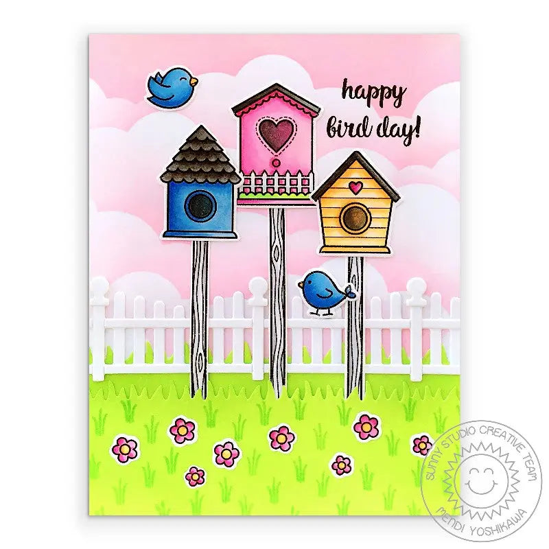 Sunny Studio Happy Bird Day Punny Birdhouse Birthday Card with pink clouds & scalloped fence using A Bird's Life Clear Stamp