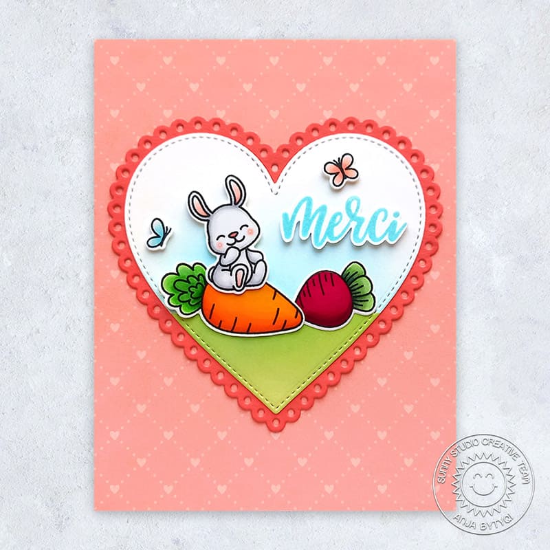 Sunny Studio Stamps Bunny with Radish & Carrot Spring Merci Thank You Card (using Scalloped Heart Metal Cutting Dies)