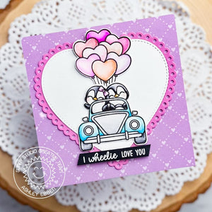 Sunny Studio Stamps I Wheelie Love You Penguins in Car Punny Valentine's Day Card (using Scalloped Heart Metal Cutting Dies)
