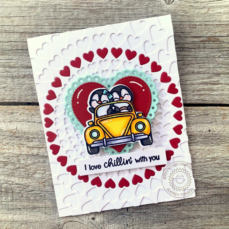 Sunny Studio Stamps Penguins Driving VW Bug Car Red & White Hearts Valentine's Day Card using Bursting Heart Background Die