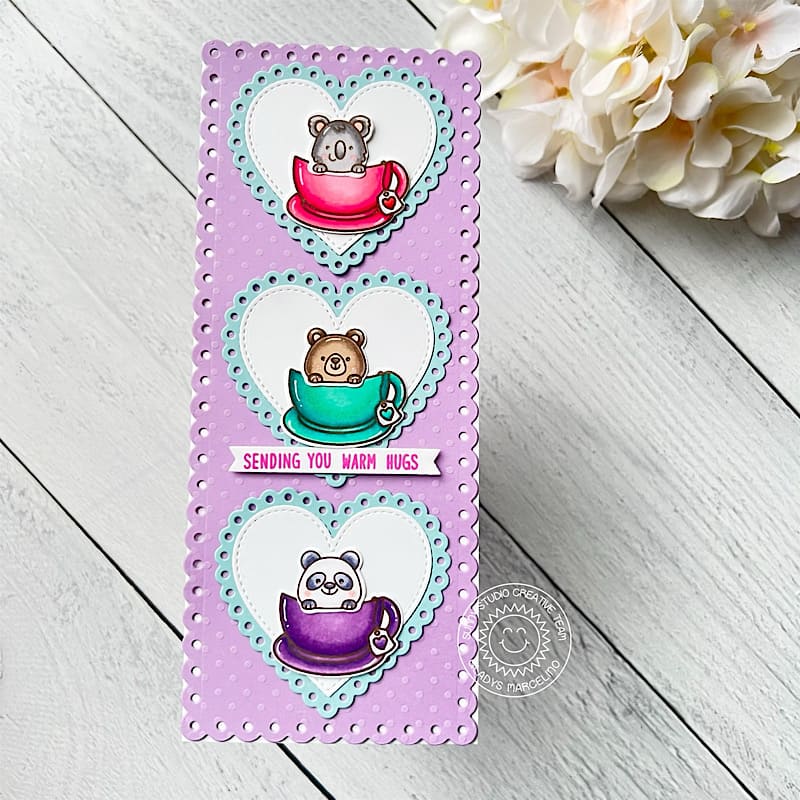 Sunny Studio Stamps Sending Warm Hugs Critters in Tea Cups Scalloped Slimline Card using Scalloped Heart Metal Cutting Dies