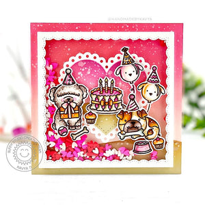 Sunny Studio Stamps Pink & Brown Dog Themed Square Heart Shaker Birthday Card (using Scalloped Heart Metal Cutting Dies)