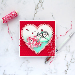 Sunny Studio Stamps My Heart is Yours Penguins in Envelope Valentine's Day Card using Scalloped Heart Metal Cutting Dies