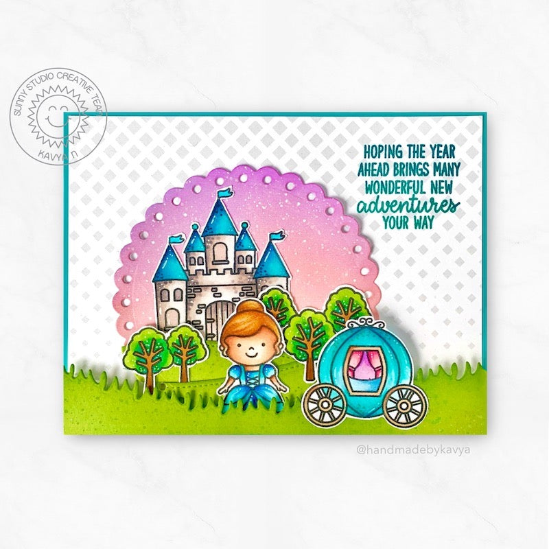 Sunny Studio Hoping The Year Ahead Brings Many Wonderful New Adventures Your Way Princess with Carriage & Castle Girl Themed Card (using Inside Greetings Birthday Sentiment Stamps)