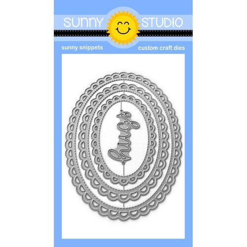 Sunny Studio Stamps Scalloped Oval Mats 3 with Hugs Word Stitched Dot Metal Cutting Die 4-piece Set