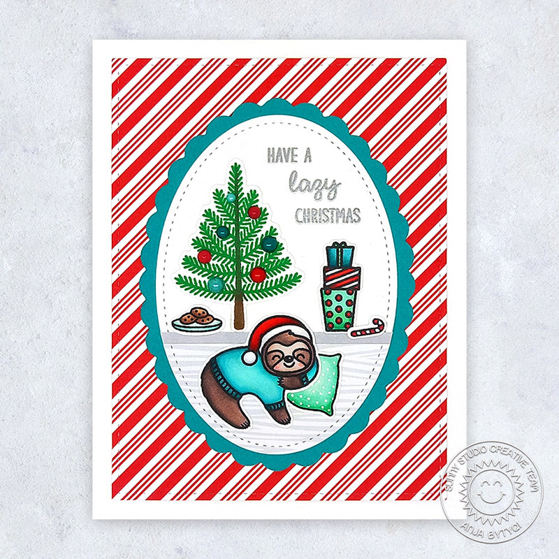 Sunny Studio Stamps Have A Lazy Christmas Sloth with Tree Scalloped Holiday Card (using Stitched Oval 2 Metal Cutting Dies)