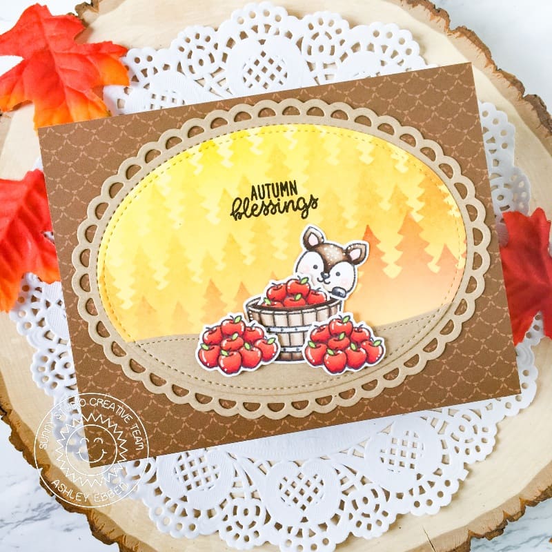 Sunny Studio Stamps Autumn Blessings Deer with Apples Fall Card (using Scalloped Oval Mat 3 Metal Cutting Dies