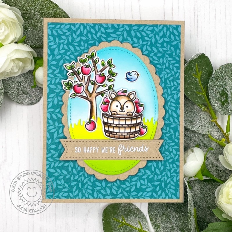 Sunny Studio Stamps So Happy We're Friends Fall Apple Tree Card (using Stitched Oval 2 Metal Cutting Dies)