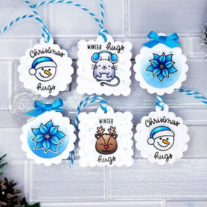 Sunny Studio Blue & White Snowmen, Reindeer & Poinsettia Holiday Gift Tags Set (using Christmas Icons 4x6 Clear Stamps)