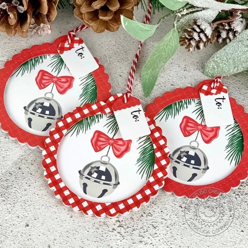 Sunny Studio Layered Jingle Bell Red Gingham Christmas Holiday Scalloped Gift Tags (using Holiday Style Clear Stamps)