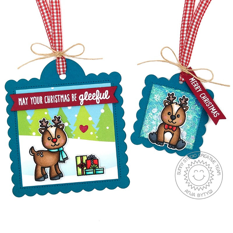 Sunny Studio Stamps Gleeful Reindeer Christmas Holiday Gift Tags (using Scalloped Tag Square Dies)