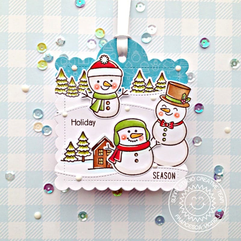 Sunny Studio Stamps Winter Snowman Holiday Christmas Square Scalloped Gift Tag (using Feeling Frosty 4x6 Clear Stamps)