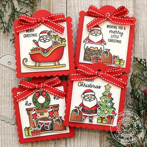 Sunny Studio Stamps Santa with Christmas Tree, Chimney, Fireplace & Sleigh Holiday Gift Tags using Scalloped Tag Square Dies