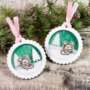 Sunny Studio Stamps Pink & Emerald Green Mice Shaker Christmas Holiday Gift Tags using Stitched Scalloped Circle Cutting die
