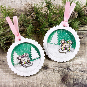 Sunny Studio Pink & Emerald Green Mouse Shaker Christmas Holiday Gift Tags (using Merry Mice 4x6 Clear Stamps)