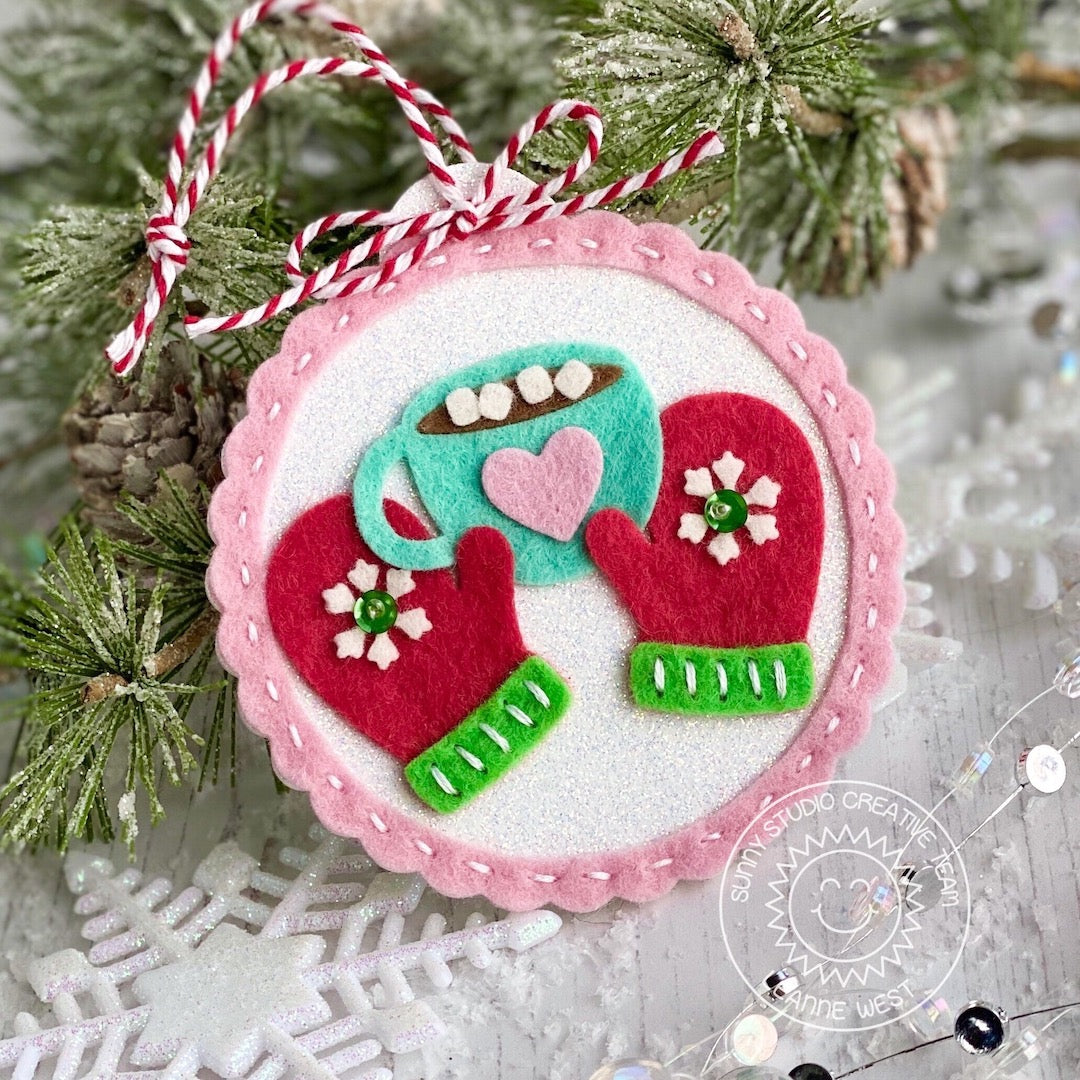 Sunny Studio Stamps Felt Hot Cocoa Mug & Mittens Holiday Christmas Ornament using Stitched Scalloped Circle Craft Cutting die