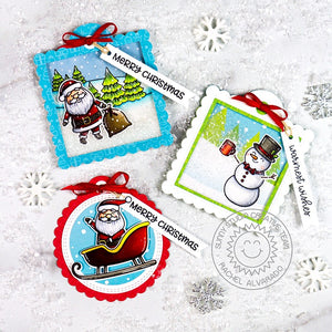 Sunny Studio Stamps Santa Claus & Snowman Stitched Holiday Gift Tags (using Scalloped Square Tag Metal Cutting Dies)